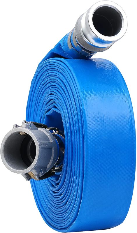 Photo 1 of 3 in x 50ft PVC Lay Flat Discharge Hose With Aluminum Camlock C & E Fittings, Heavy Duty Reinforced Pump Backwash Hose Assembly
