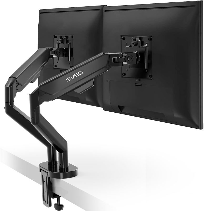 Photo 1 of EVEO Premium Dual Monitor Stand 14-32”,Dual Monitor Mount VESA Bracket, Adjustable Height Gas Spring Monitor Stand for Desk Screen - Full Motion Dual Monitor Arm-Computer Monitor Stand for 2 Monitors Black