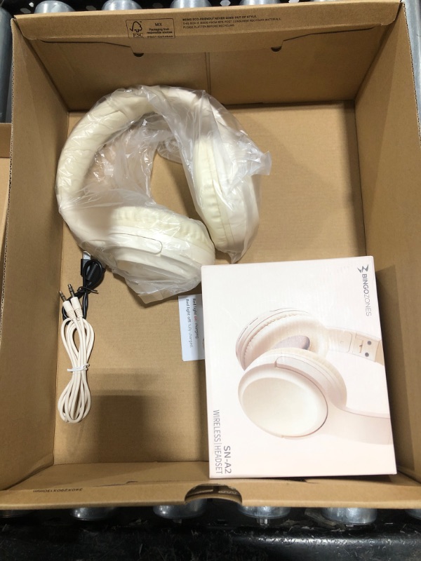 Photo 2 of Bingozones SN-A2 Headphones Wireless Bluetooth with Microphone, Lightweight Bluetooth V5.3 On Ear Headset, 20+H Playtime, Portable Wired Headphones for iPad/Travel/Tablet/PC - Beige #1 Beige