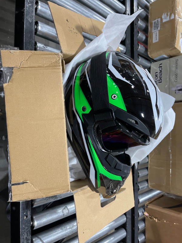 Photo 2 of CUTEY Green Motocross Helmet, Unisex Youth Kids ATV Dirt Bike Street Ride Off-Road Motorycle Helmet Set (4Pcs, W/ Goggles Gloves Mask), M Green Medium