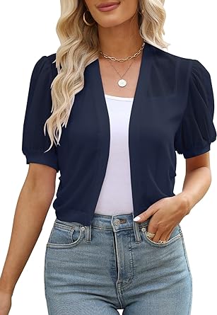 Photo 1 of AFVETUT Women Puff Sleeve Bolero Shrug Open Front Summer Cropped Sheer Jackets Cardigan
