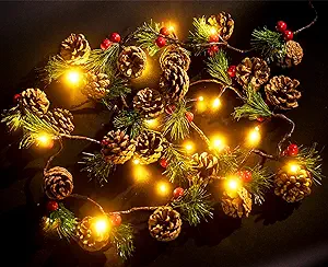 Photo 1 of 2 PCS Christmas Garland with Lights and Bigger Pine Cones, Led String Lights, Red Berries, Needle, Pine Cone, Xmas Wreath, Christmas Lights for Indoor Decorations, Fireplace, 6.6 FT, 20 Led 