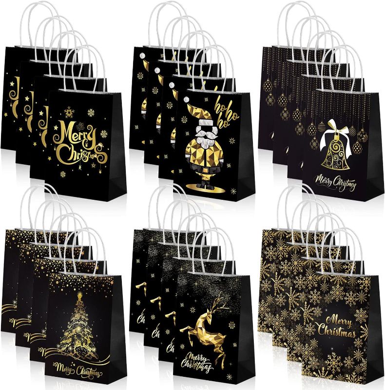 Photo 1 of 24 Pcs Black and Gold Christmas Bag with Handles Glittered Elk Snowflake Christmas Tree Medium Bags for Goodie Candy Wrapping Party Favor, 5.9 x 3.2 x 8.3 Inch