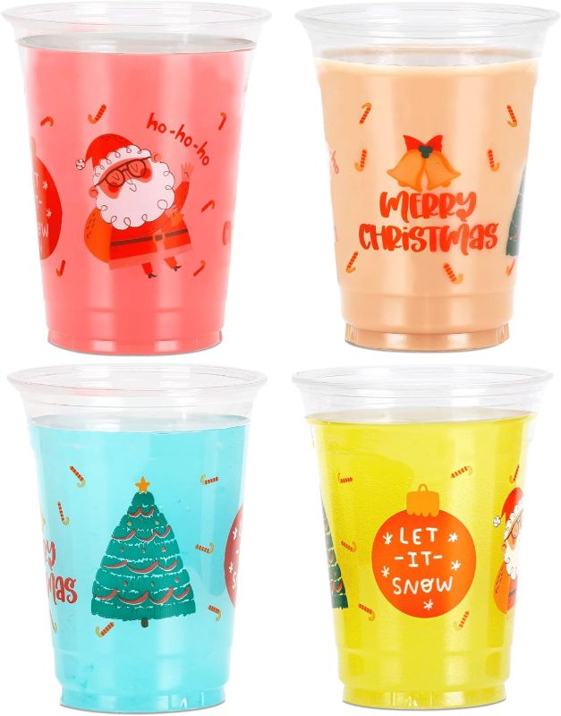 Photo 1 of 16 oz Christmas Party Cups, Disposable Christmas Cups for Kids, 4 Designs on 1 Cup, 30 Count 16oz Clear Plastic Cups for Christmas Party Decorations & Party Supplies for Beer/Beverage/Snacks/Candies 