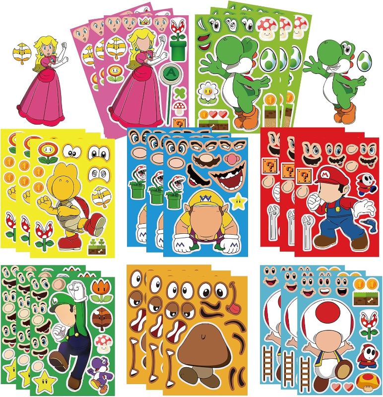 Photo 1 of 36Pcs Mario Make-a-face Stickers, Make Your Own Stickers Fun Craft Project for Kids, Mixed and Matched with 8 Designs Characters Stickers for Party Decoration, Class Reward, Book Decor, Birthday Gifts 