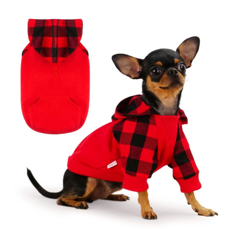 Photo 1 of  Frienperro Dog Clothes for Small Dogs Girl Boy, 100% Cotton Buffalo Plaid Small Dog Hoodie, Chihuahua Clothes Pet Cat Winter Warm Sweatshirt Sweater, Teacup Yorkie Puppy Coat Medium Red Plaid
