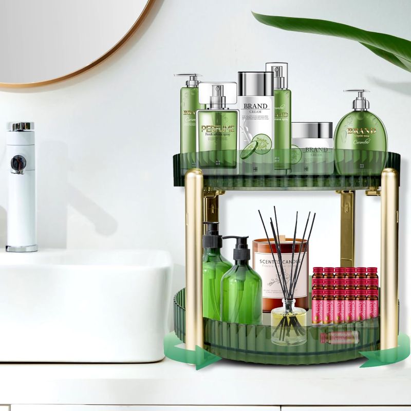 Photo 1 of 360°Rotating Makeup Organizer for Vanity, High-Capacity Skincare Clear Make Up Storage Perfume Organizers Cosmetic Dresser?2 Tier-Green?
