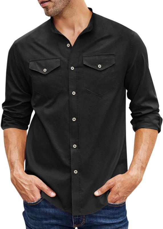 Photo 1 of Hestenve Mens Long Sleeve Work Shirts Band Collar Button Down Cotton Casual Western Shirt Tops - LARGE 
