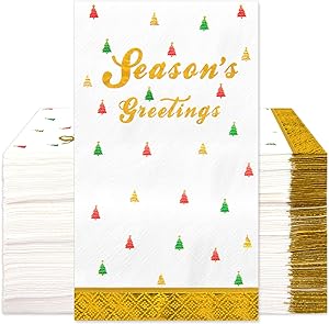 Photo 1 of 100 Christmas Napkins Paper Guest Towels 3 Ply Gold Foil Xmas Tree Decorative Guest Napkins Disposable Hand Towels for Bathroom Dinner Home Kitchen Winter Holiday Party Supplies Decor 