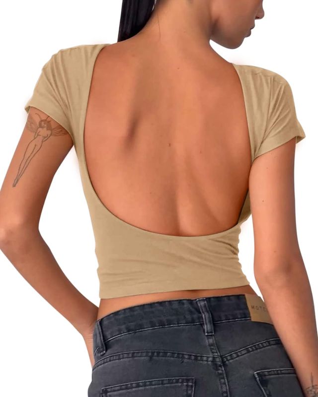 Photo 1 of Women Backless Top Y2K T-Shirts Sexy Short Sleeve Slim Fit Crewneck Crop Tops Casual Basic Summer Tee - medium 
