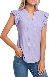 Photo 1 of CHAMA Womens 2023 Casual Summer Tops V-Neck Sleeveless Ruffle T-Shirts Eyelet Tunic Blouses