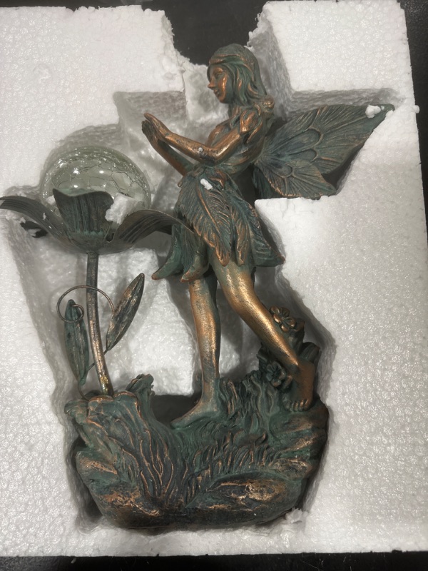 Photo 2 of TERESA'S COLLECTIONS Large Garden Statues Fairy Outdoor Statue, Solar Garden Sculptures & Statues with Crackle Glass Globe, Fall Decor Bronze Patina Garden Art for Lawn Patio Balcony Decor 10.6 inch