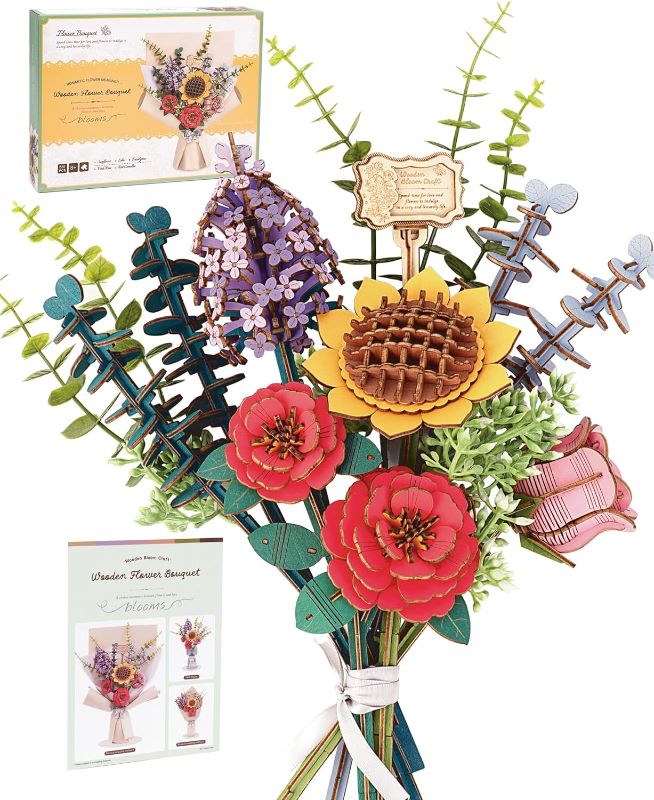 Photo 1 of 3D Wooden Puzzles Flower Bouquet Model Kit Building Set For Adults, Wooden Flowers Building Toy Botanical Collection, Creative Gift Ideas for Home Decor (Sunflower/Red Camellia/Pink Rose/Lilac-581PCS)
