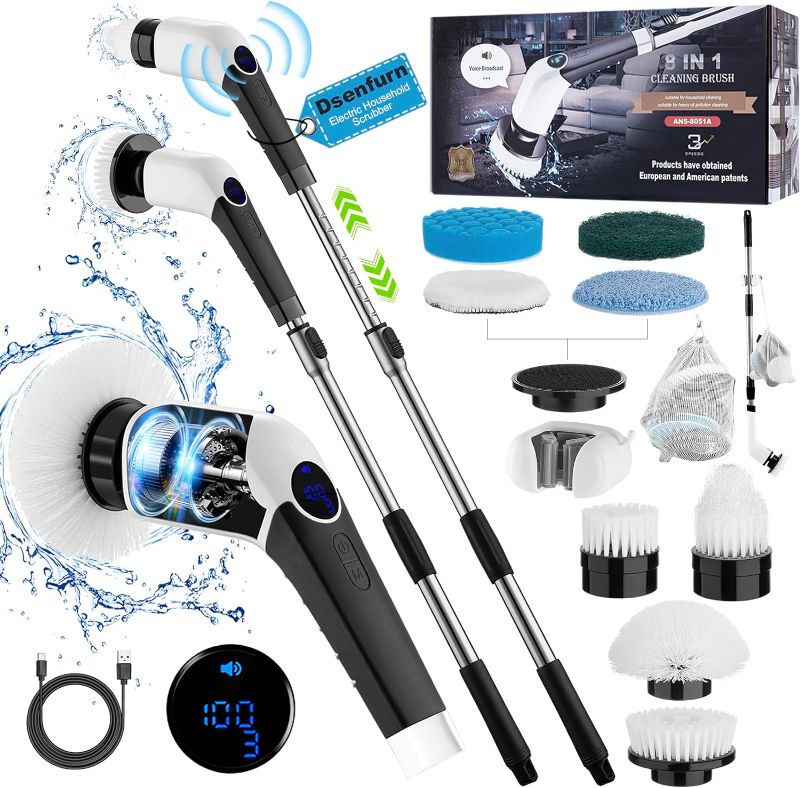 Photo 1 of Dsenfurn Upgraded Electric Spin Scrubber, 8 in 1 Cordless Shower Bathroom Brush with 8 Replaceable Cleaning Drill Heads, Power Max 420RPM, 55” Adjustable Extension Handle, Household Tool for Tile Tub
