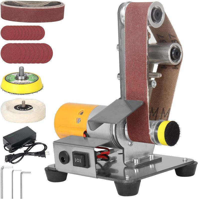 Photo 1 of Electric Belt-Sander Adjustable Polishing-Grinding Sharpener - SI FNAG 7 Speed Mini Power Sanding Machine Bench Grinder Sanders 13x1.2inch For Knife Making, Model Jewelry DIY, Wood Metal Working
