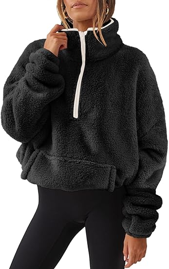 Photo 1 of ANRABESS Women Long Sleeve Oversized Half Zip Fleece Sweatshirt Soft Sherpa Fleece Pullover Top With Pockets

