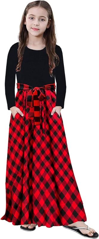 Photo 1 of 10YRS KYMIDY Girl Maxi Dress Kids Casual Buffalo Check Plaid Long Sleeve Dresses with Pockets