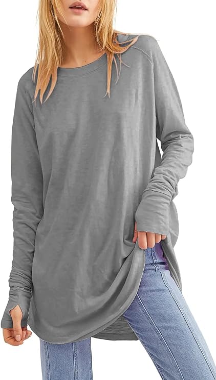 Photo 2 of Fisoew Women's Casual Long Sleeve Tops Crew Neck Round Hem Loose T-Shirts Tunic Tops with Thumb Holes
