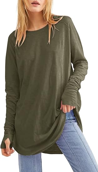 Photo 1 of Fisoew Women's Casual Long Sleeve Tops Crew Neck Round Hem Loose T-Shirts Tunic Tops with Thumb Holes
