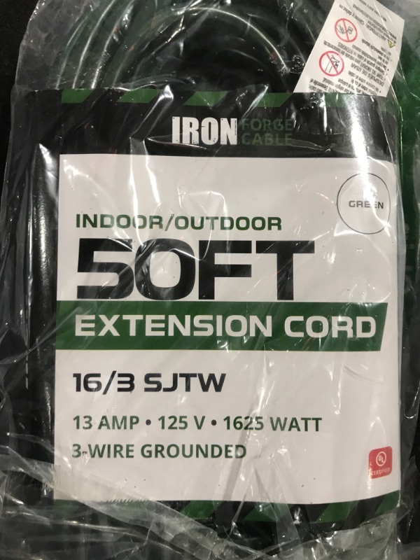 Photo 1 of Iron Forge Cable 50 Ft Extension Cord, 16/3 Black 50 Foot Extension Cord Indoor & Outdoor Use, 3 Prong, Weatherproof Exterior Extension Cord, US Veteran Owned, Great for Outside, Landscaping & Lawn
