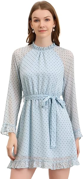 Photo 1 of Allegra K Women's Belted Chiffon Ruffle Polka Dots Wedding Bell Sleeve Dress
