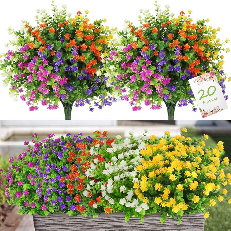 Photo 1 of 20 Bundles Artificial Flowers Outdoor Fake Flowers for Home Decoration, UV Resistant Faux Plastic Greenery Shrubs Plants for Hanging Garden Porch Window Box...
