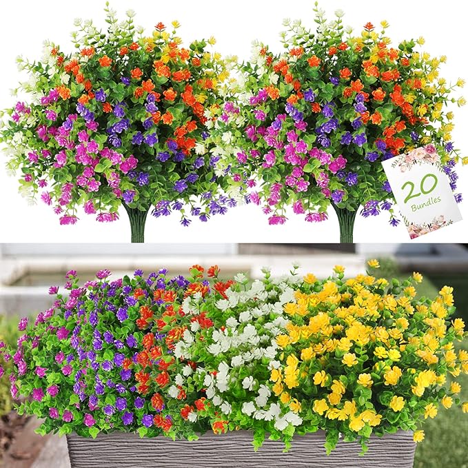 Photo 1 of 20 Bundles Artificial Flowers Outdoor Fake Flowers for Home Decoration, UV Resistant Faux Plastic Greenery Shrubs Plants for Hanging Garden Porch Window Box...
