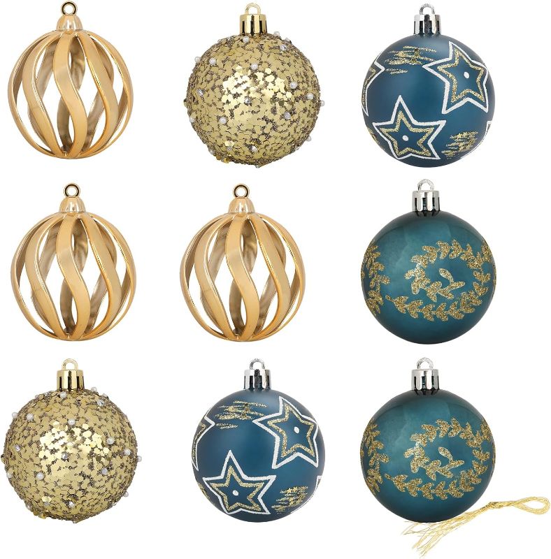 Photo 1 of 2.36"/60mm Blue Gold Christmas Balls Ornaments Set, NEVSETPO 9PCS Xmas Tree Decorations Shatterproof Creative Design Exquisite Hanging Balls for Holiday Party Wedding Decoration Gift
