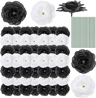 Photo 1 of Zeyune 100 Pcs Halloween Artificial Roses Flowers Fake Roses Bouquet Vintage Realistic Long Stem with Black Leaves for Bridal Wedding Halloween Party Favor Gothic Decoration(Black and White)