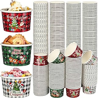 Photo 1 of Ziliny 300 Pcs 9 oz Christmas Treat Snack Cups Christmas Paper Bowls Buffalo Plaid Santa Elk Penguin Snowman Ice Cream Cups Xmas Candy Dessert Bowls Holiday Treat Bowls for Party Favor Supplies