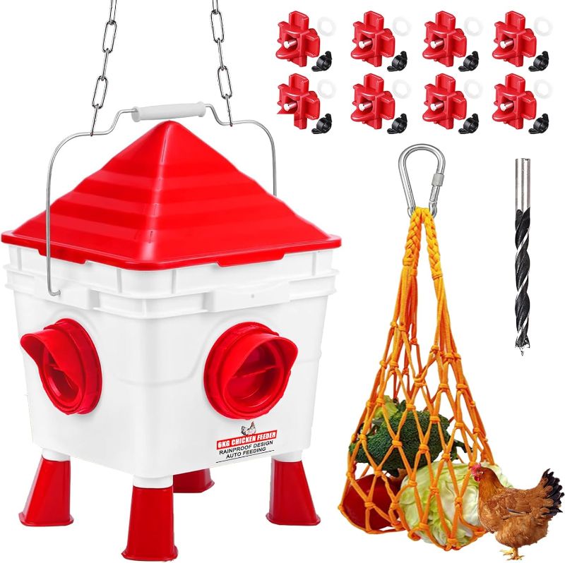 Photo 1 of 13 Pounds Chicken Feeder and Waterer Set, Hanging Chicken Feeders with 4 Chicken Ports, 8 Chicken Waterers, Chicken Vegetable Hanging Feeder, Automatic...
