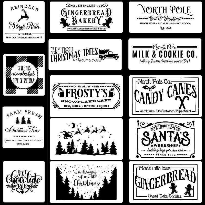 Photo 1 of 14PCS Christmas Stencils for Wood Painting - DIY Farmhouse Signs, North Pole Fresh Christmas Tree, Santa, Winter Holiday Reusable Templates for Home Decor & Crafts
