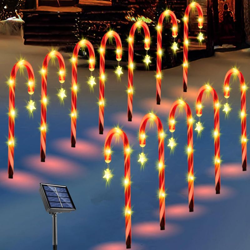 Photo 1 of 12 Pack Christmas Decorations Outdoor Solar Candy Cane Lights Pathway Markers Lights with Star for Walkway Driveway Lawn Yard Garden Home Indoor Decor 2-in-1 Rechargeable Solar Power
