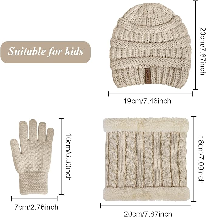 Photo 1 of 3 Pcs Kids Winter Beanie Hat Scarf Gloves Set Thick Knit Warm Fleece Lined Beanie Caps Mittens for Boys Girls Gifts
