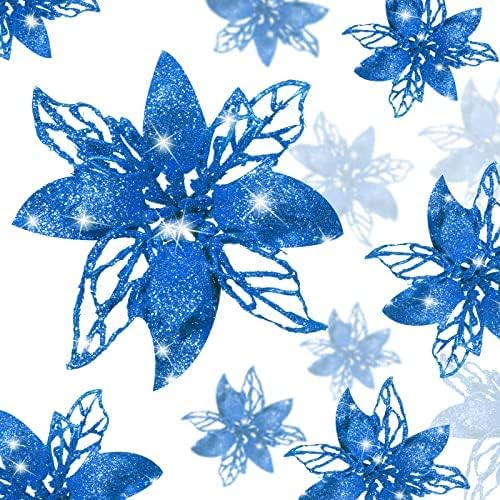 Photo 1 of 24 Pieces Christmas Glitter Artificial Poinsettia Flowers Christmas Flowers Decorations Wedding Xmas Tree New Year Ornaments (Blue)
