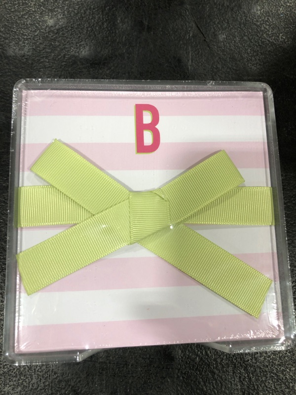 Photo 1 of Mary Square Pink Stripe Monogrammed T 5 x 5 Paper Initial Note Pad in Acrylic Tray
