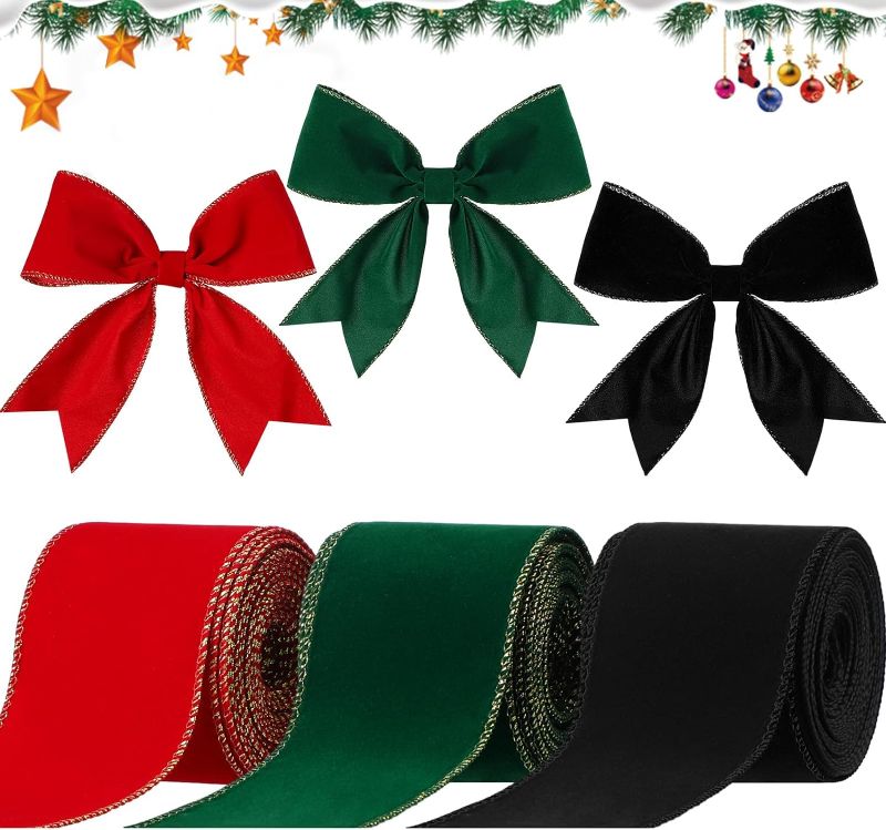 Photo 1 of 3 Rolls Velvet Ribbon Single Face Velvet Ribbon Vintage Velvet Satin Ribbon Wide Solid Color Wrapping Ribbon for Gift Wrapping Decorating(Bright Red, Dark Green, Black, 2.5 Inch x 15 Yard) 