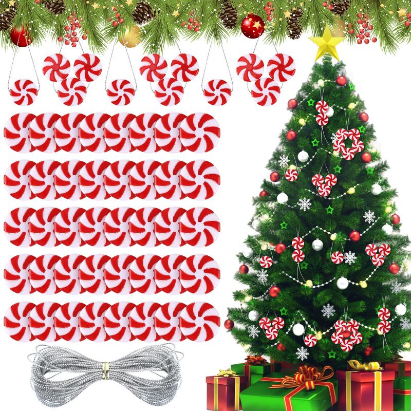 Photo 1 of 2 PACK- Christmas Candy Cane Ornaments Peppermint Candy Decorations Plastic Candy Canes for Crafts Mini Candy Cane Christmas Hanging Ornaments for Christmas Tree Home Decor (Round Candy Style,50 Pcs) Round Candy Style 50