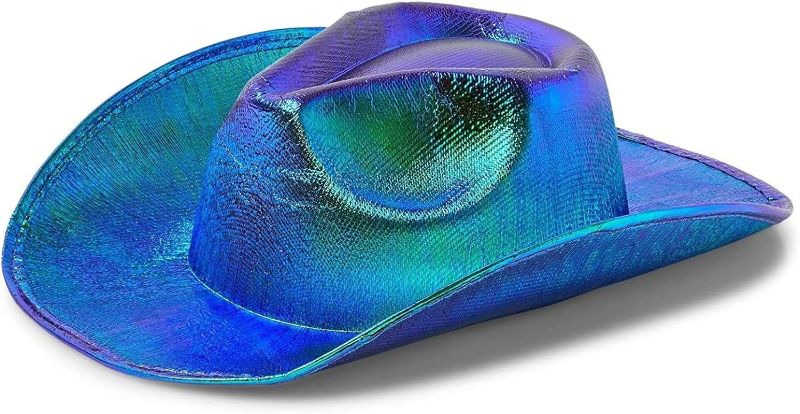 Photo 1 of Zodaca Holographic Western Cowboy Hat for Kids with Feathers, Cowgirl Costume Accessories (Blue and Green)