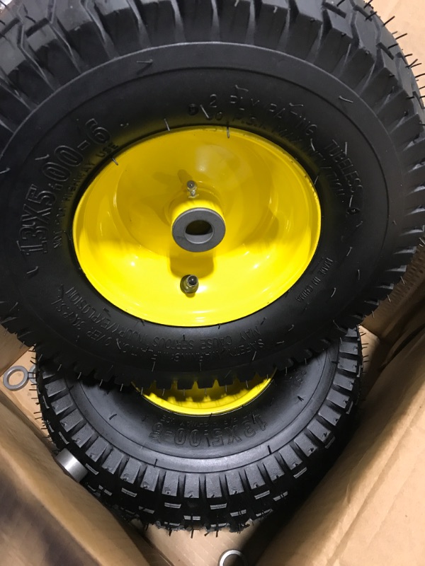 Photo 3 of 13x5.00-6 Tire and Wheel Assembly (2-Pack), Tubeless Lawn Mower Tire with Rim, with 3/4” Bushings and 3” Centered Hub Length
