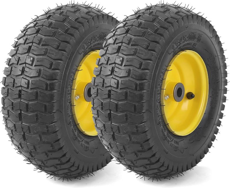 Photo 1 of 13x5.00-6 Tire and Wheel Assembly (2-Pack), Tubeless Lawn Mower Tire with Rim, with 3/4” Bushings and 3” Centered Hub Length
