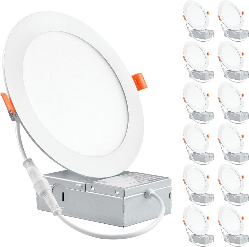 Photo 1 of (12 Pack) 6 Inch Ultra-Thin LED Recessed Ceiling Light with Junction Box, 12W, Dimmable Canless Wafer Slim Panel Downlight, IC Rated, ETL-Listed - 5000K