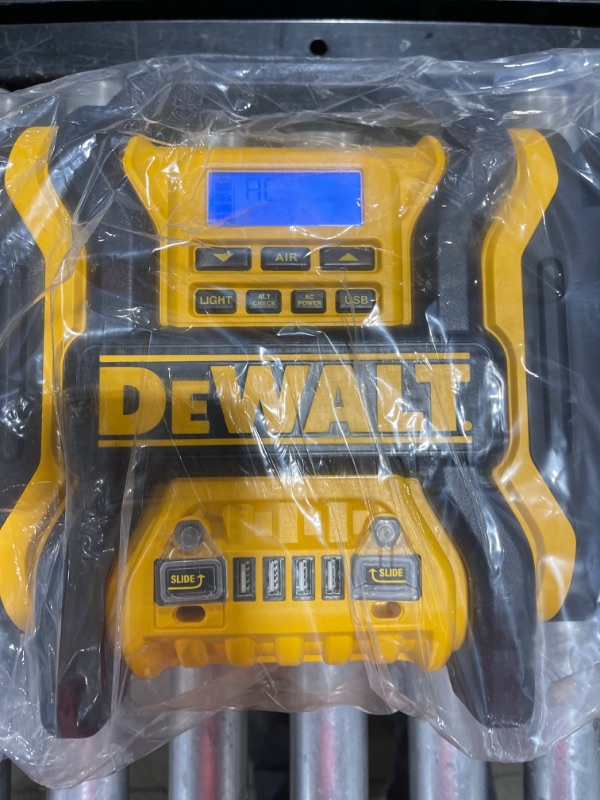 Photo 2 of DEWALT DXAEPS14 1600 Peak Battery Amp 12V Automotive Jump Starter/Power Station with 500 Watt AC Power Inverter, 120 PSI Digital Compressor, and USB Power , Yellow