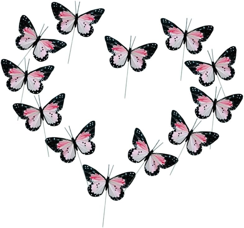 Photo 1 of 12pcs Black Pink Feather Butterfly Decorations: 3D DIY Butterfly Ornament with Wire for Flower Floral Arrangements Wedding Bouquet Cake Topper Butterflies Wall Stickers for Home Decorations