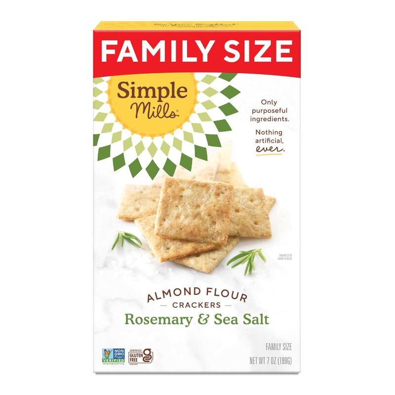 Photo 1 of Simple Mills Almond Flour Crackers, Family Size, Rosemary & Sea Salt - Gluten Free, Vegan, Healthy Snacks, 7 Ounce (Pack of 1) Rosemary & Sea Salt 7 Ounce - EXP - 01/14/2024 -     365 Everyday Value, Fat & Sodium Popcorn - 12/23/2023
