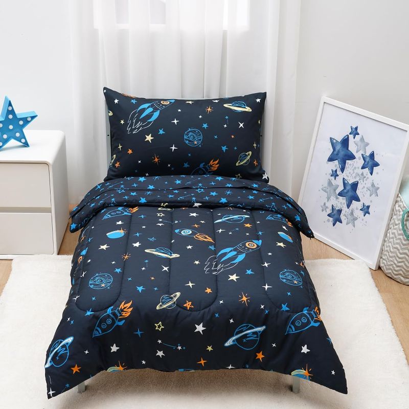 Photo 1 of david's kids 4 Piece Toddler Bedding Set - Soft Breathable Toddler Bedding Set for Boys Girls, Includes Quilted Comforter, Flat Sheet, Fitted Sheet and Pillowcase, Space

