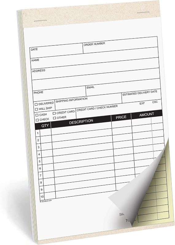 Photo 1 of 321Done Blank Sales Form Book with Cover, 5.5x8.5 Small 2-Part Carbonless, Made in USA, Carbon Copy Generic Receipt Purchase Order Sales Booklet (50 Sets) White/Yellow, Thick Paper 