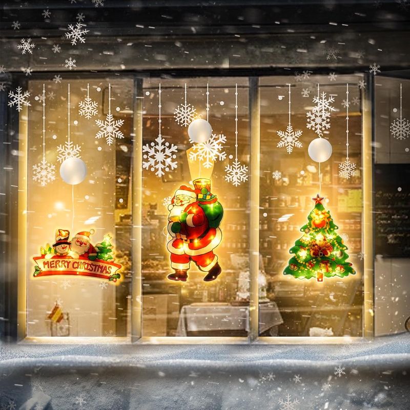 Photo 1 of 3Pcs Christmas Window Decoration Hanging Lights, Battery Operated Christmas Silhouette Lights Outdoor & Indoor, Lighted Ornament with Suction Cups for Xmas Home Party Gift Showcase Decor