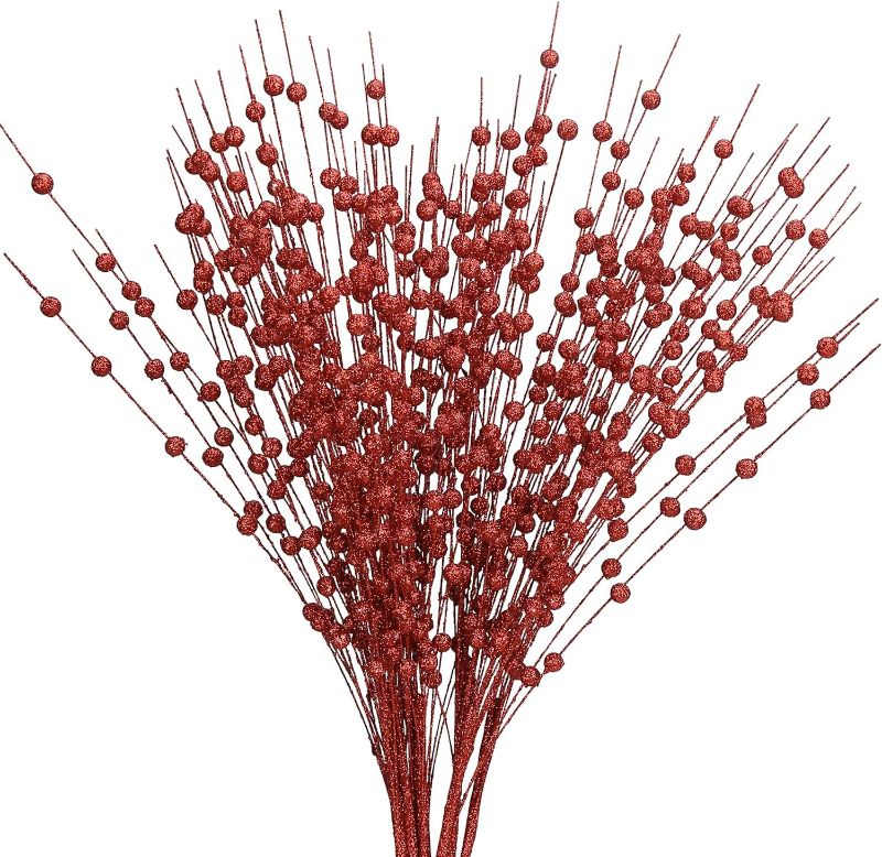 Photo 1 of GREENTIME 10 Pack Red Artificial Glitter Berry Stem Ornaments 15.7 Inches Fake Christmas Picks Decorative Glitter Sticks for Christmas Tree DIY Wreath Crafts Gift Fireplace Holiday Home Decor
