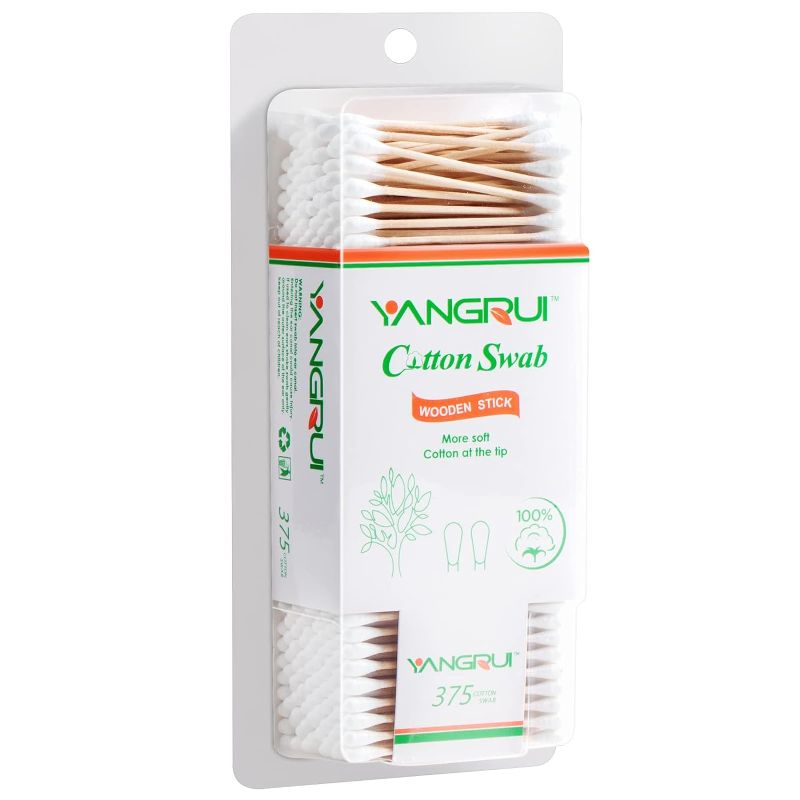 Photo 1 of 2pk YANGRUI Cotton Swab, 375 Count Wooden Stick BPA Free Naturally Pure Double Round Ear Swabs Eco-friendly Cotton Buds 